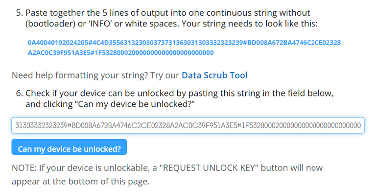 Pasting Motorola XT928 unlock code on Motorola’s Website